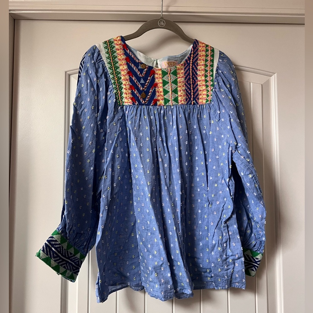Embroidered Blue Peasant Blouse with Multicolor Yoke